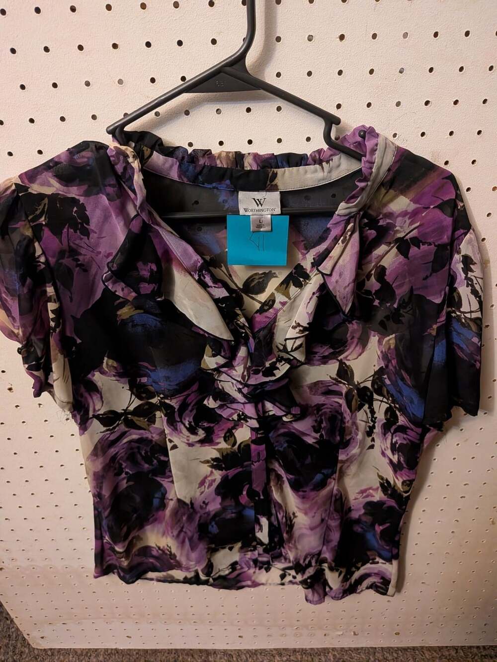 Worthington Women's Purple Floral Sheer Ruffle Cap Sleeve Blouse